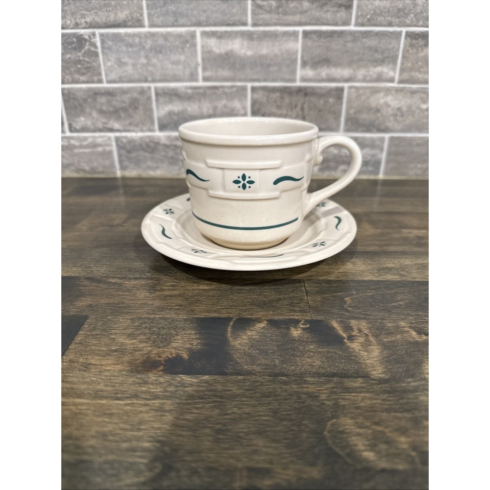 Longaberger Woven Traditions Cup and‎ saucer, green and cream, Collectible.